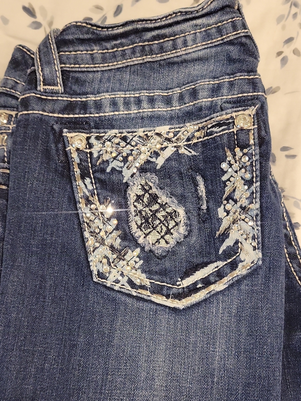 Miss Me Dark Blue Boot Cut Jeans with Embellished Rhinestone Pocket Size 29 X29